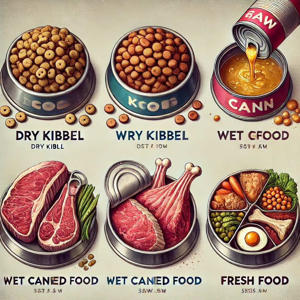 different types of dog food: dry, wet, raw, and fresh