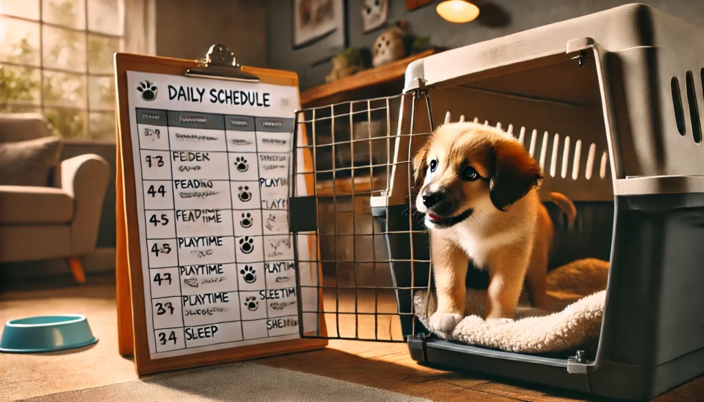 A puppy contentedly entering its crate, with a visible schedule chart 