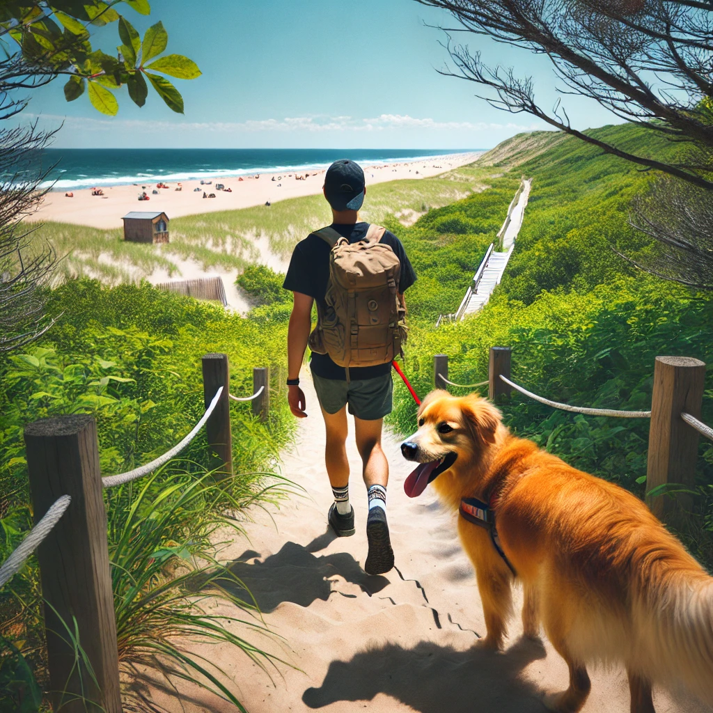 A dog and owner hiking on one of Sandy Hook's nature trails, with the beach visible