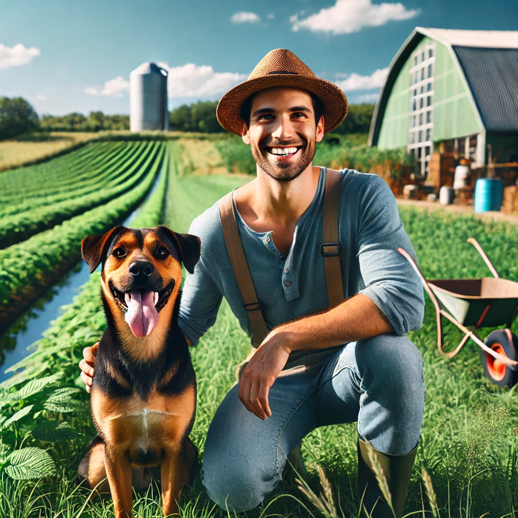 a farmer with a happy, healthy dog.