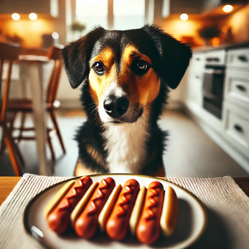 High-quality photo showing a dog curiously looking at a plate with hot dogs