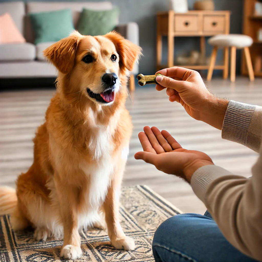 Owner training a quiet dog with treats