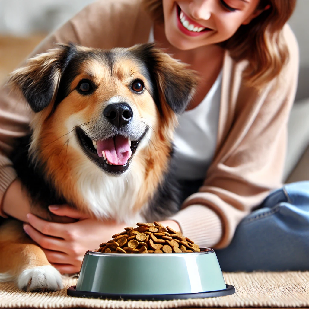 a happy dog with a bowl of natural dog food, possibly alongside its owneR