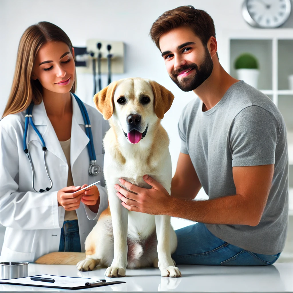  a veterinarian with a dog and its owner