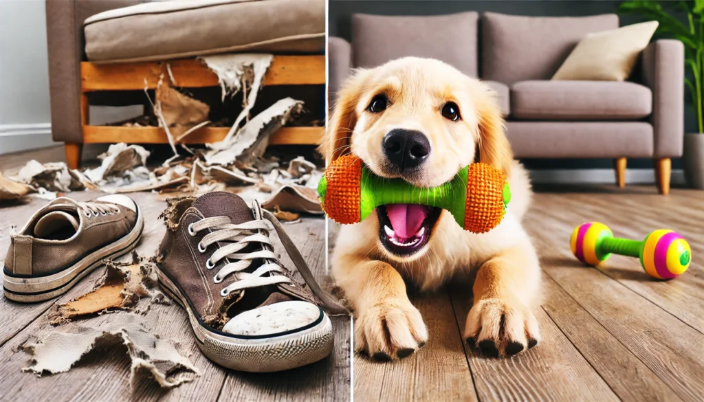  showing a destroyed shoe or furniture item on one side, and a happy dog chewing on an appropriate toy