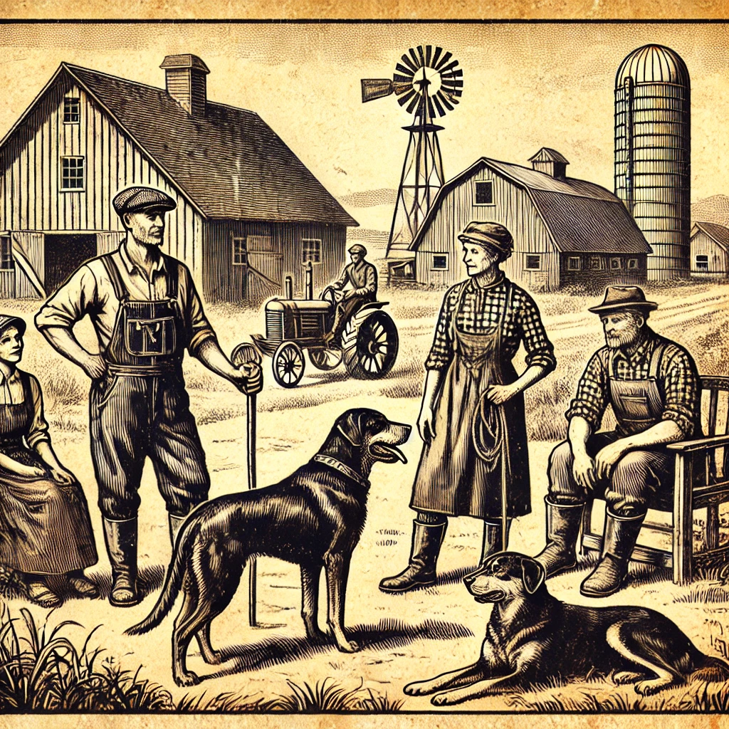 farmers with their dogs, or a vintage farm setting