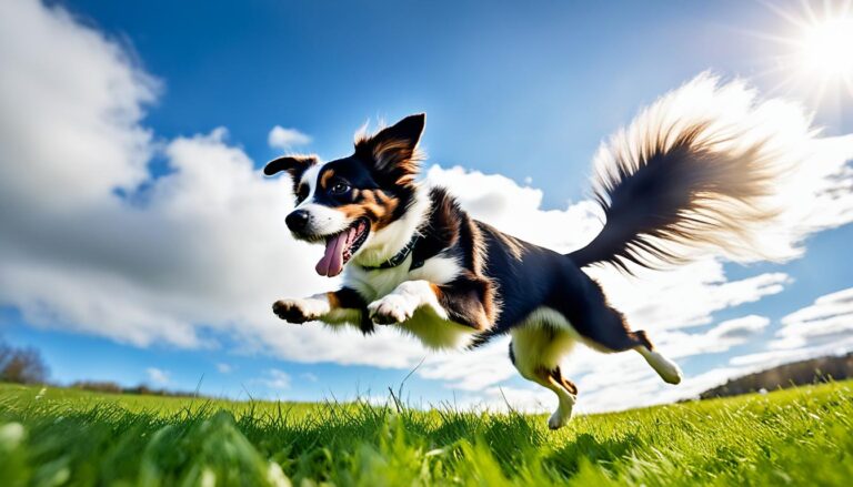 A happy dog playing in lush green grass