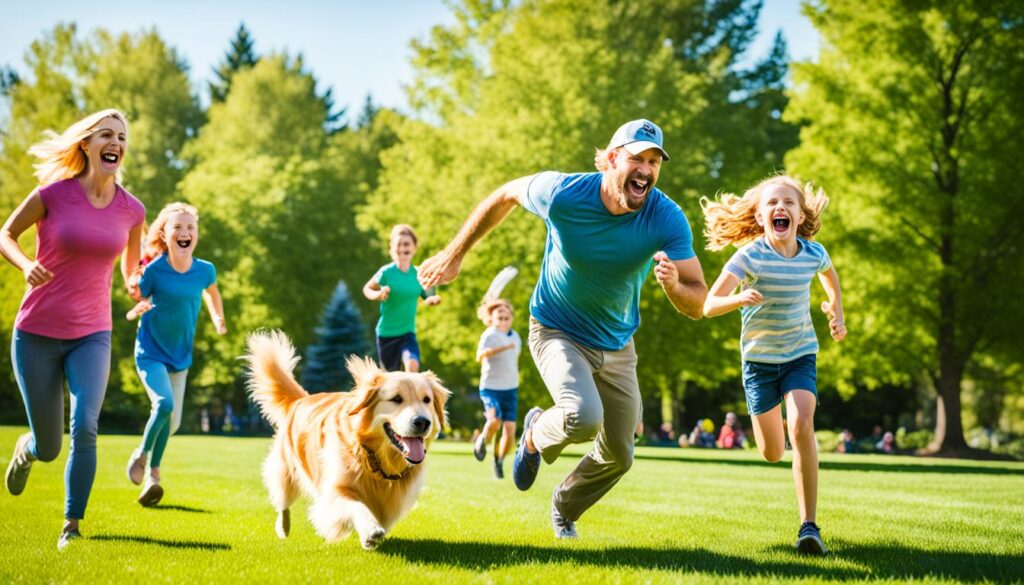 Active family with dog outdoors