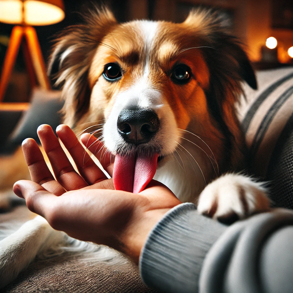 A dog affectionately licking its owner's hand