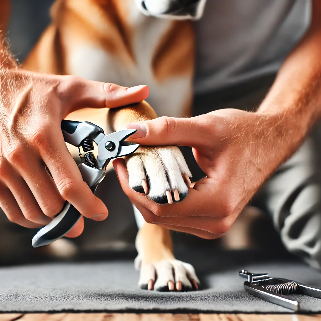  A close-up of a person carefully trimming a dog's nails, demonstrating proper technique and care