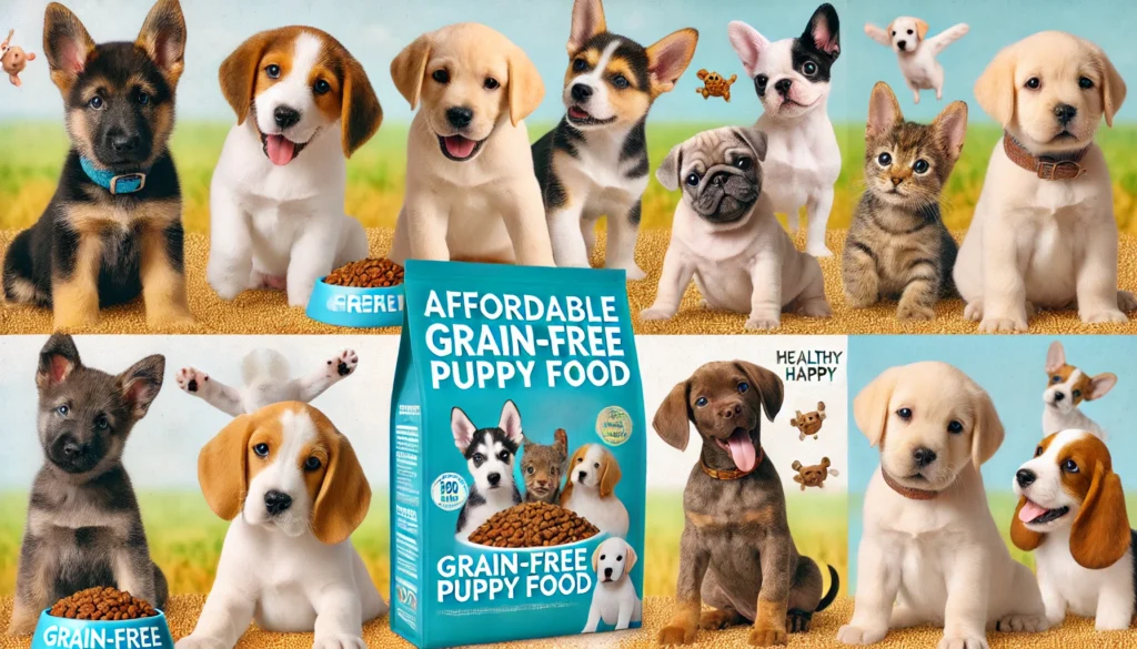 adorable puppies of various breeds, with affordable grain-free puppy food packages