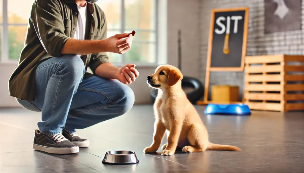  A puppy in a training session, learning a basic command