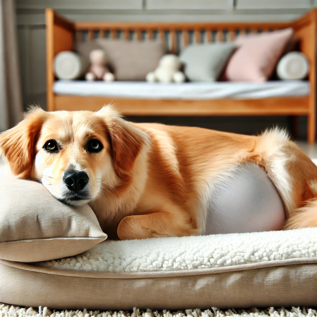 a pregnant dog resting comfortably