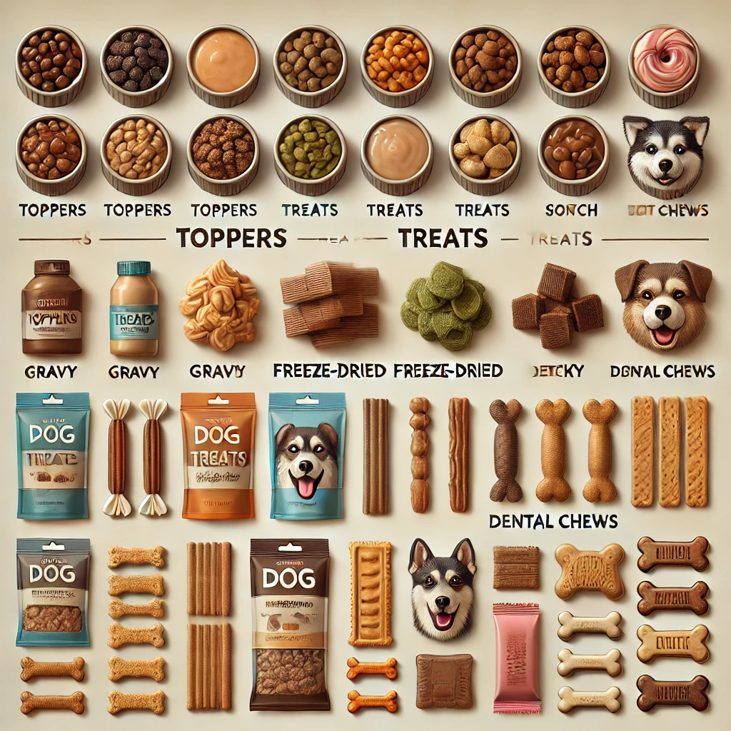 Various dog food toppers, treats, and dental chews