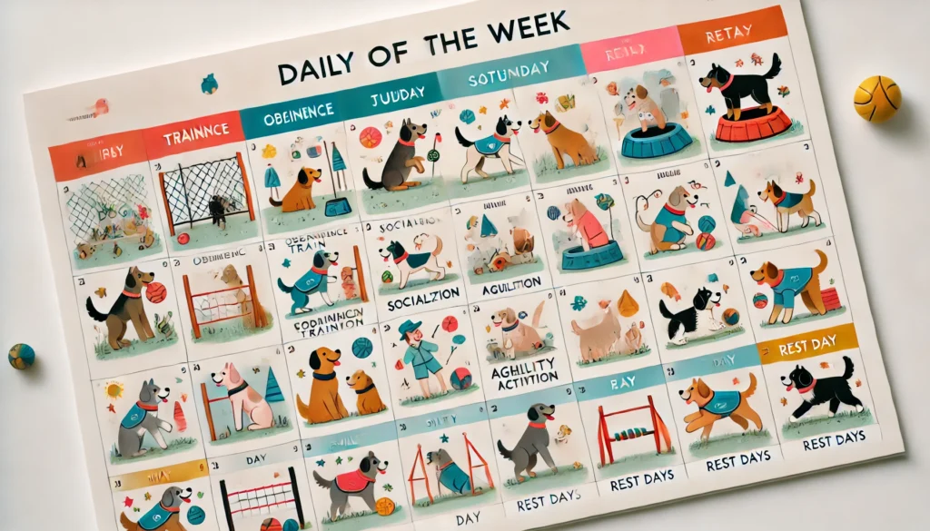 weekly calendar showing daily dog training activities