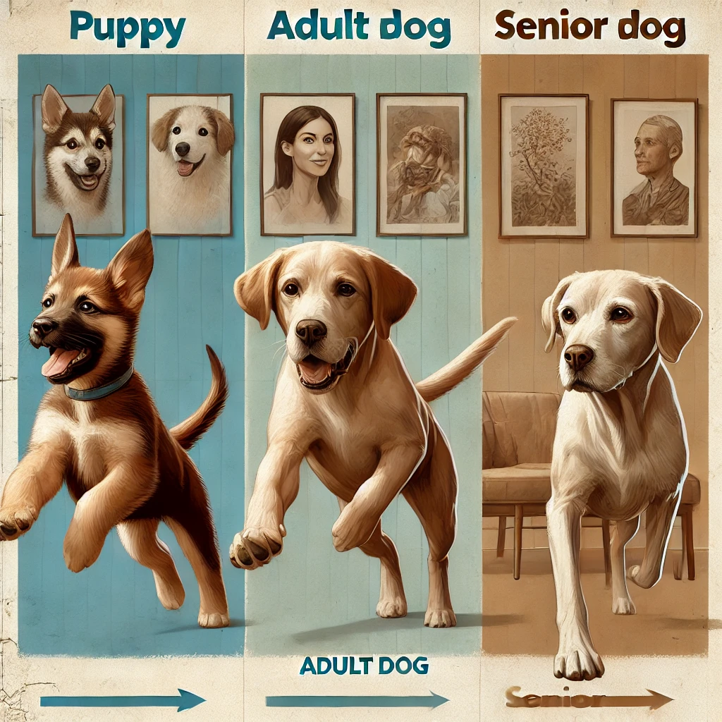 Dogs at different life stages - puppy, adult, senior