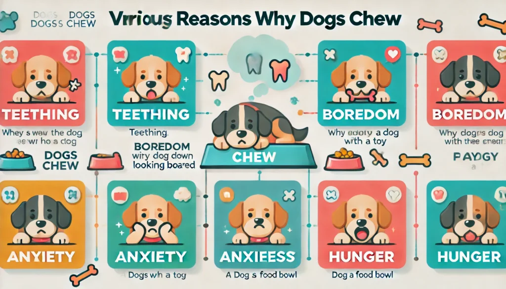  showing various reasons why dogs chew, with icons representing each cause