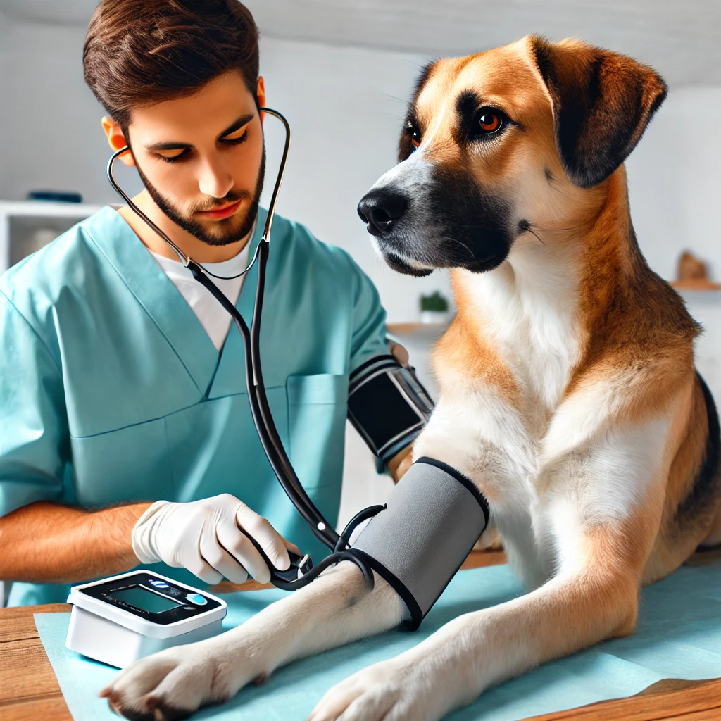 A vet checking a dog's blood pressure (Place after discussing high blood pressure)