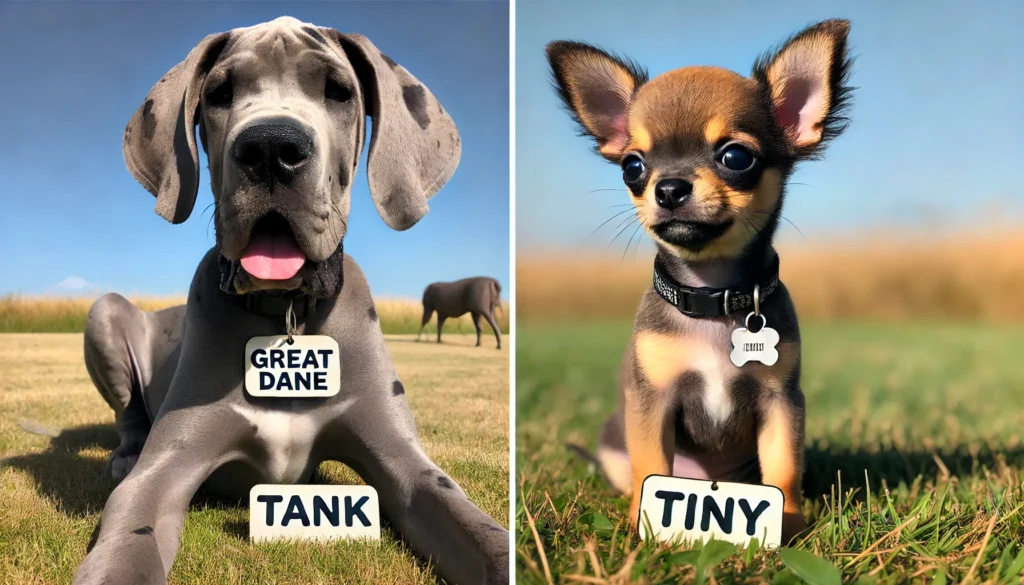 comparison of a large Great Dane puppy and a tiny Chihuahua puppy, each with a name tag that suits their size