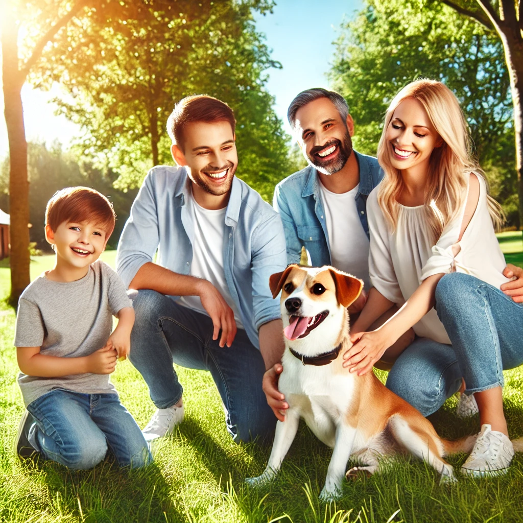 Happy family with a dog in a park, showcasing the joy of pet ownership