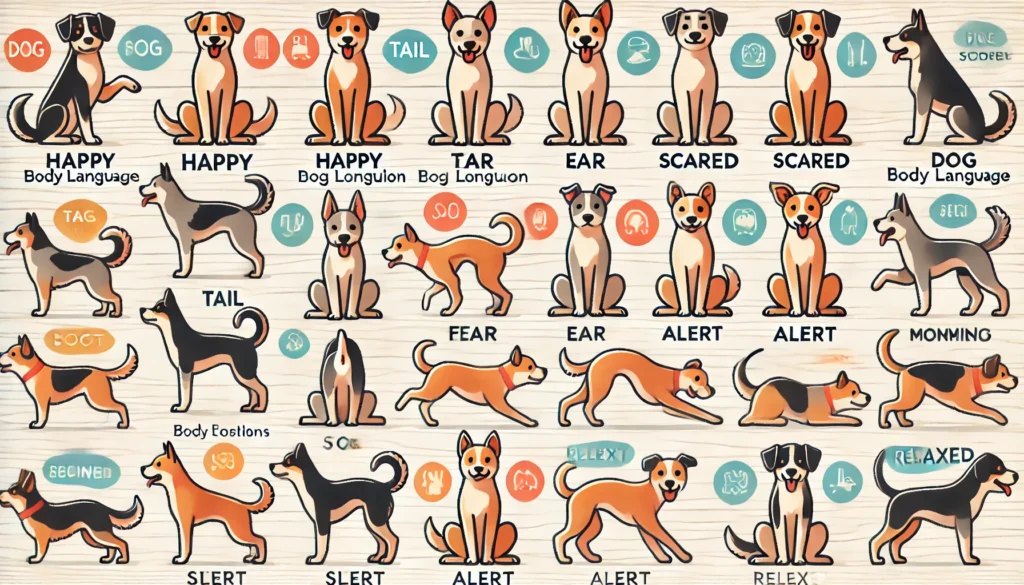  different dog body language poses and their meanings, including tail positions, ear positions, and overall body posture