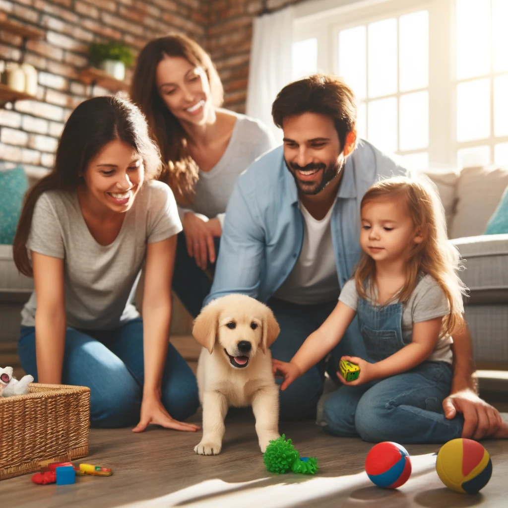 A family playing with a new puppy in their living room