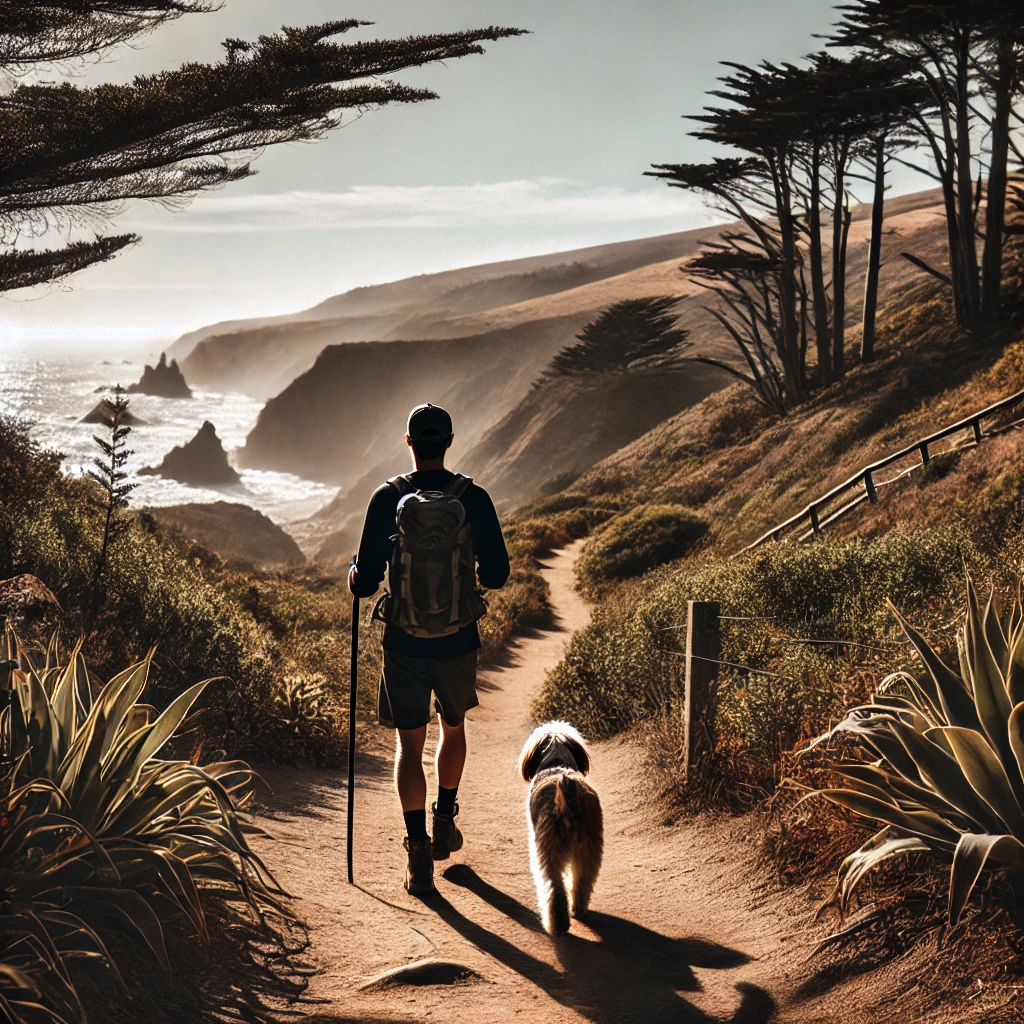 A dog and owner hiking on one of Shadmoor State Park's clifftop trails