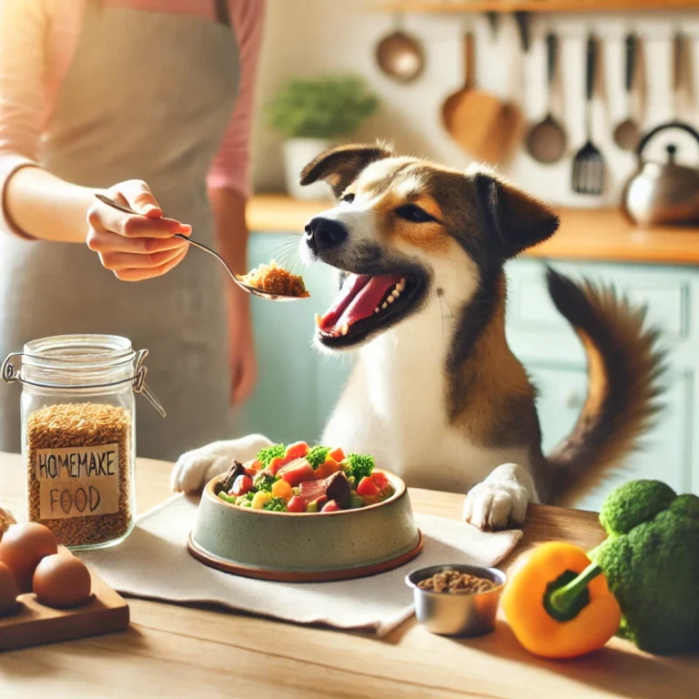 a joyful dog happily eating from a bowl of homemade food