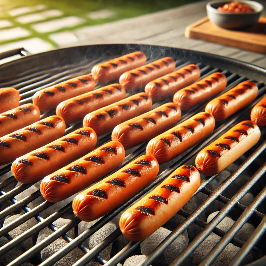 cooked hot dogs on a grill, emphasizing the cooking process