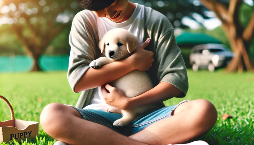 A heartwarming image of a person hugging their puppy, symbolizing the beginning of their journey together