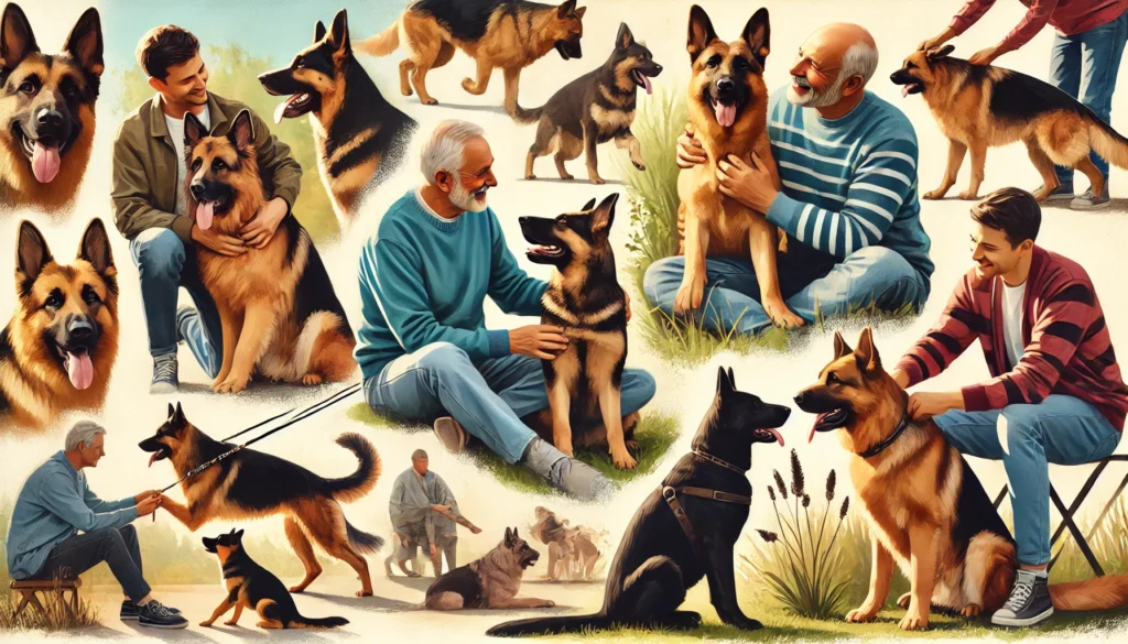 different types of German Shepherds interacting happily with their owners, showcasing 