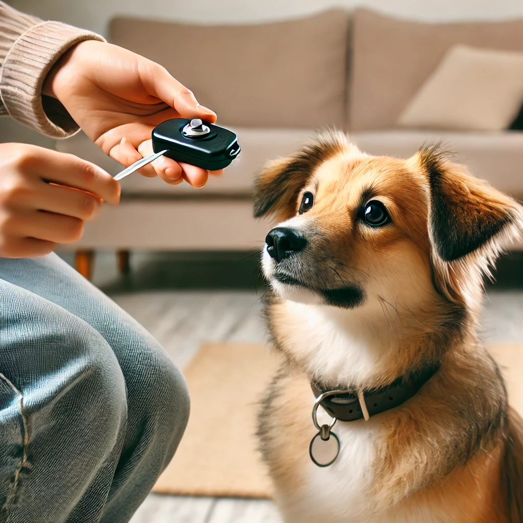 Owner using a clicker to train a quiet dog