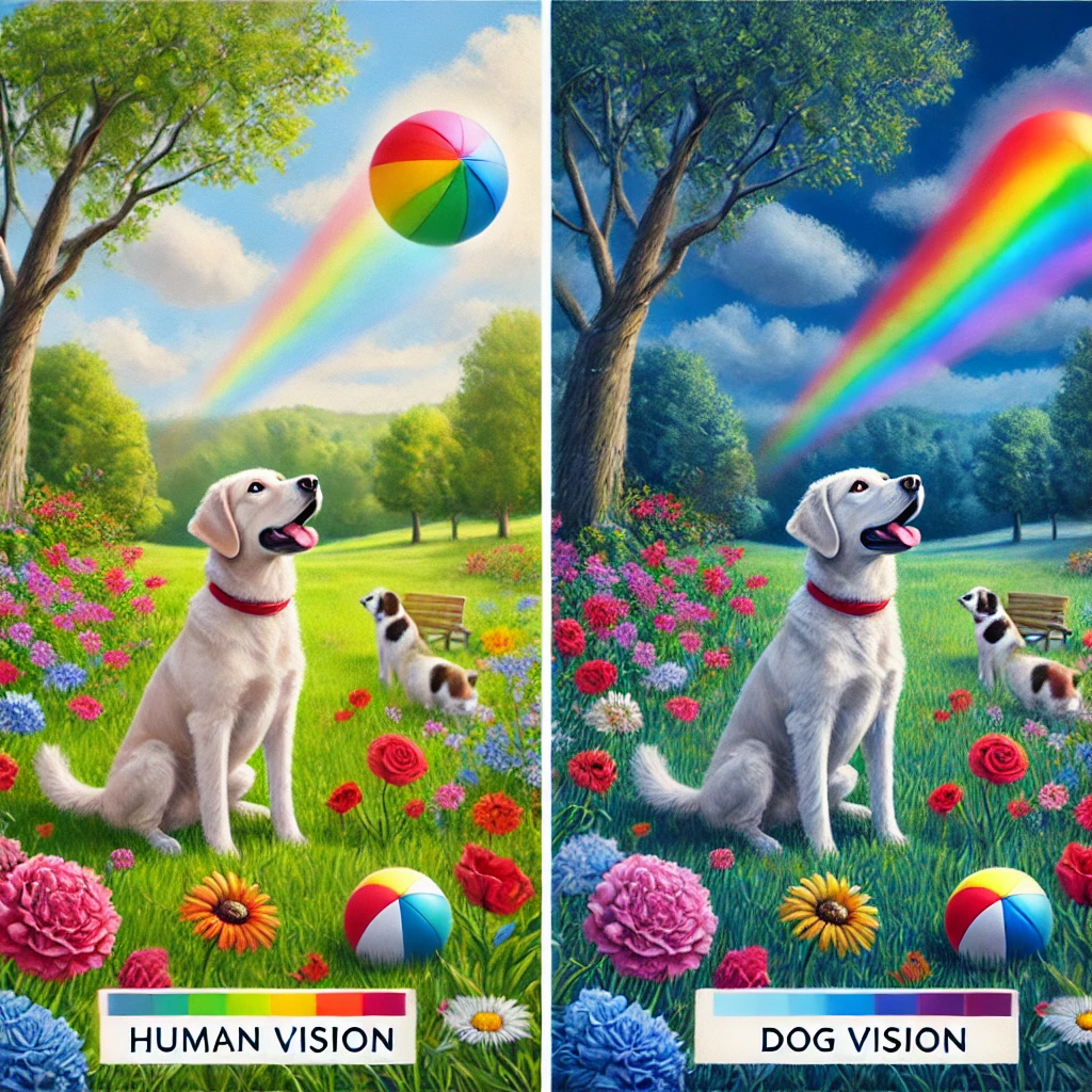 A side-by-side comparison of human vs. dog color vision