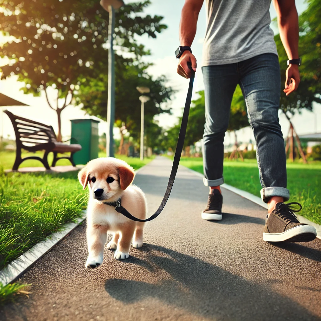 A puppy calmly walking on a leash next to its owner