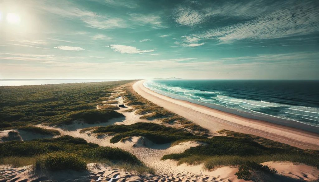 A panoramic view of Fort Tilden Beach, showing its natural, unspoiled beauty