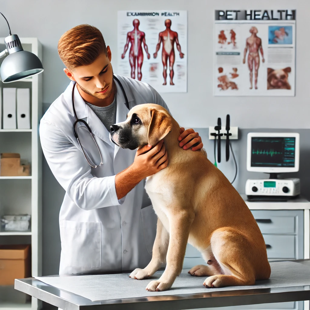 Veterinarian checking a quiet dog