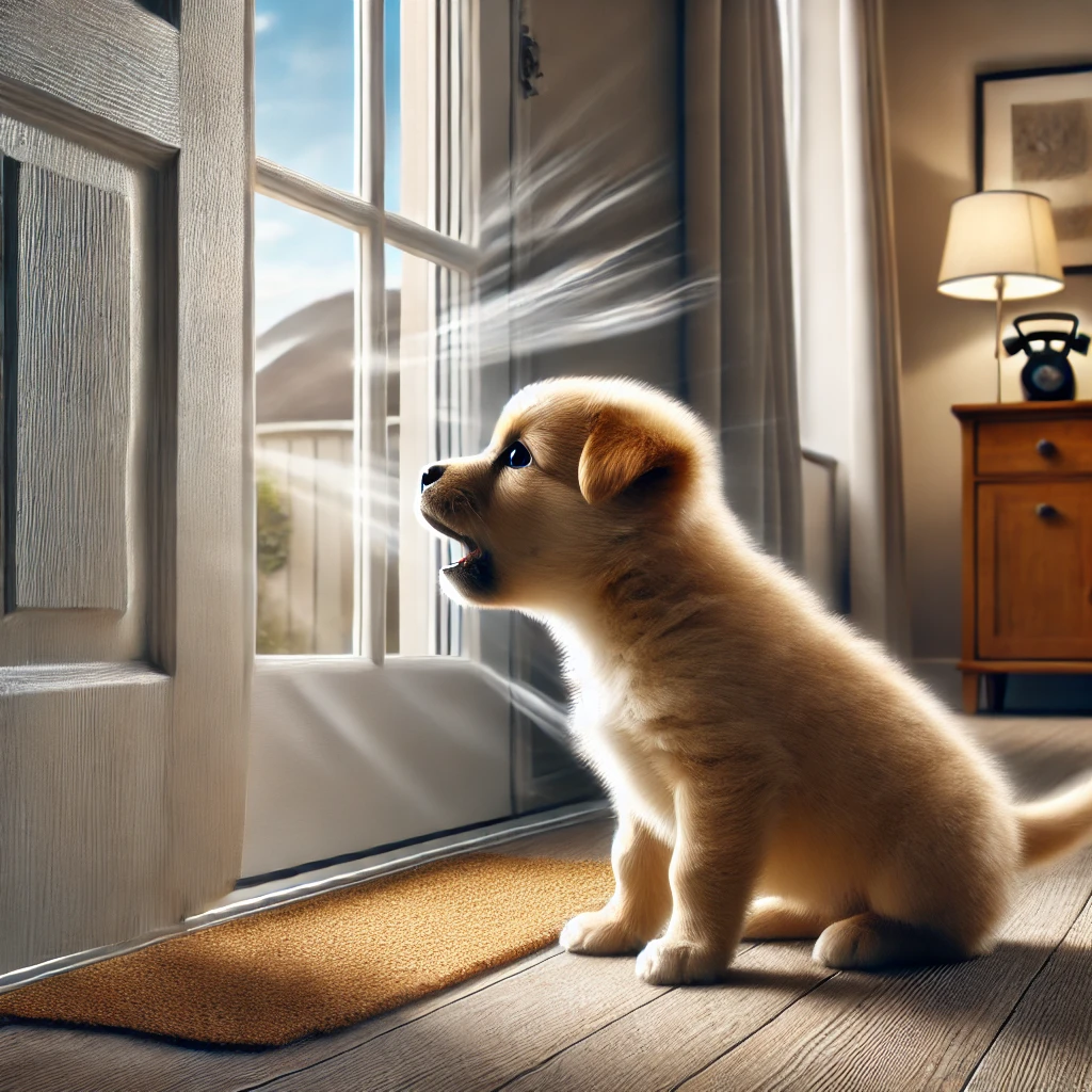 A puppy barking at the door or window, indicating the common triggers for barking