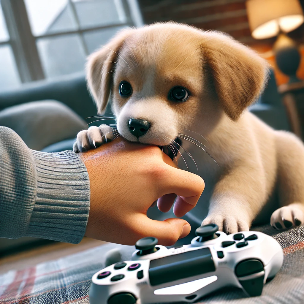 A puppy gently biting a hand in play, showing how this behavior needs to be managed