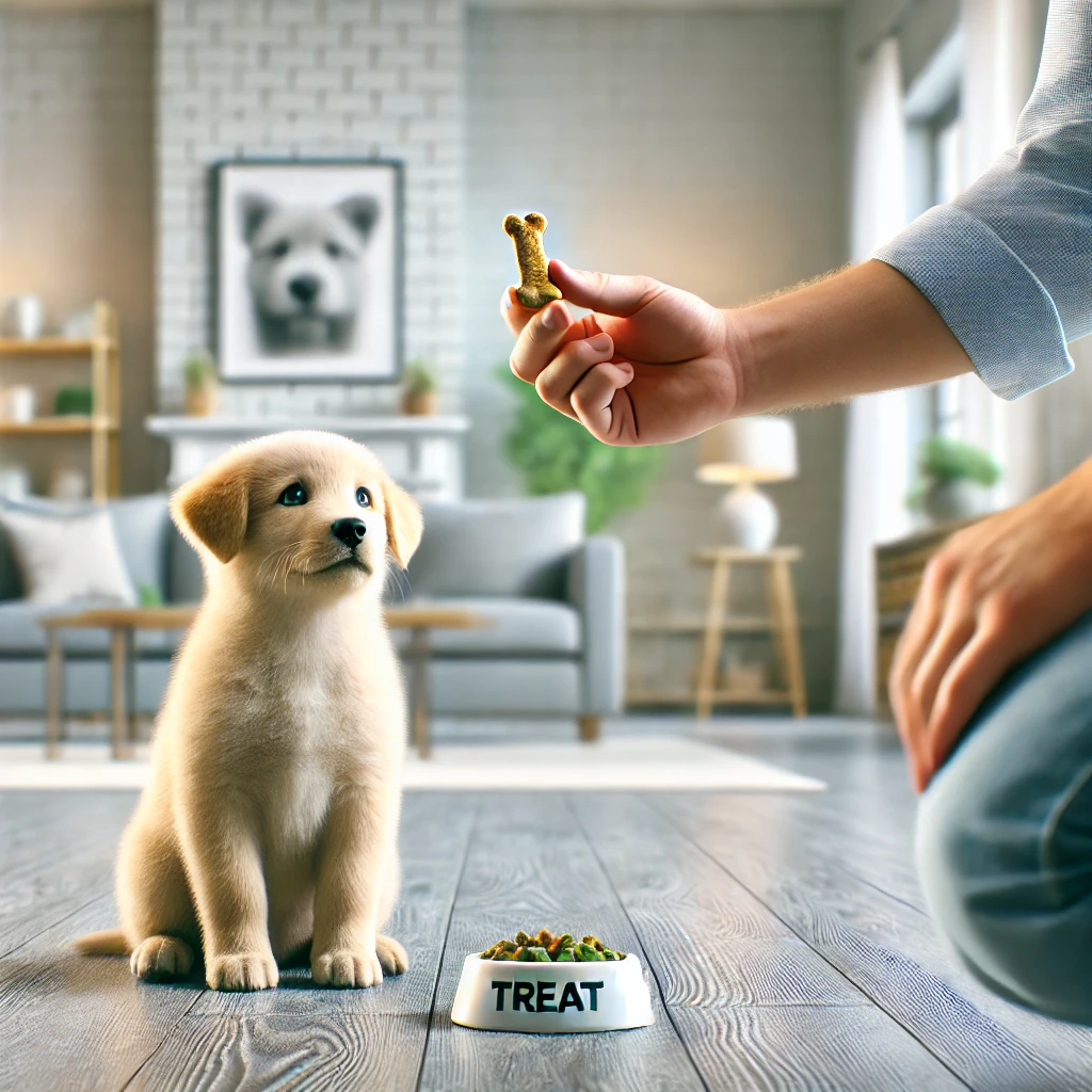  A puppy being guided away from chewing on furniture or being taught to sit instead of jump.