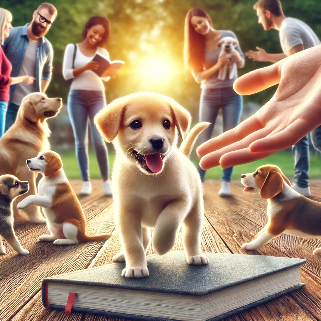 A puppy playing with other dogs or meeting new people, illustrating proper socialization