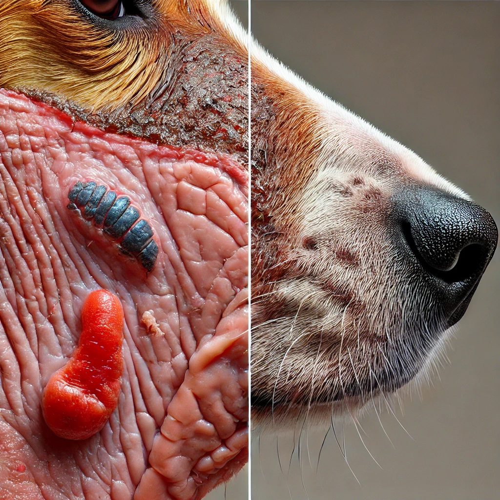 Close-up of a dog's skin showing signs of irritation, alongside a healthy dog's coat for comparison