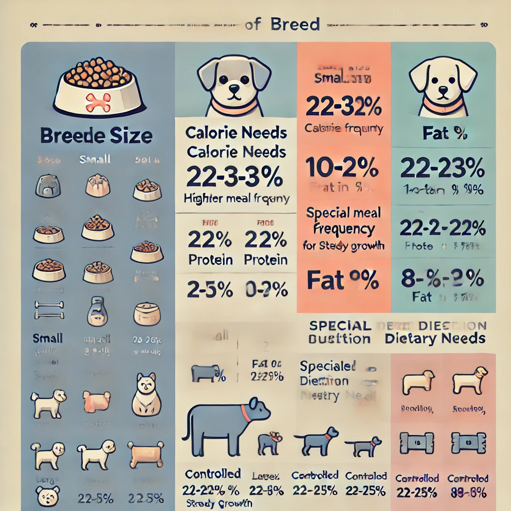 the dietary needs of puppies based on breed size.