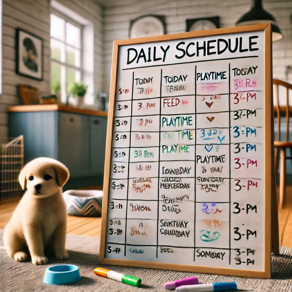 A daily schedule on a whiteboard, showing feeding, playtime, and training times.