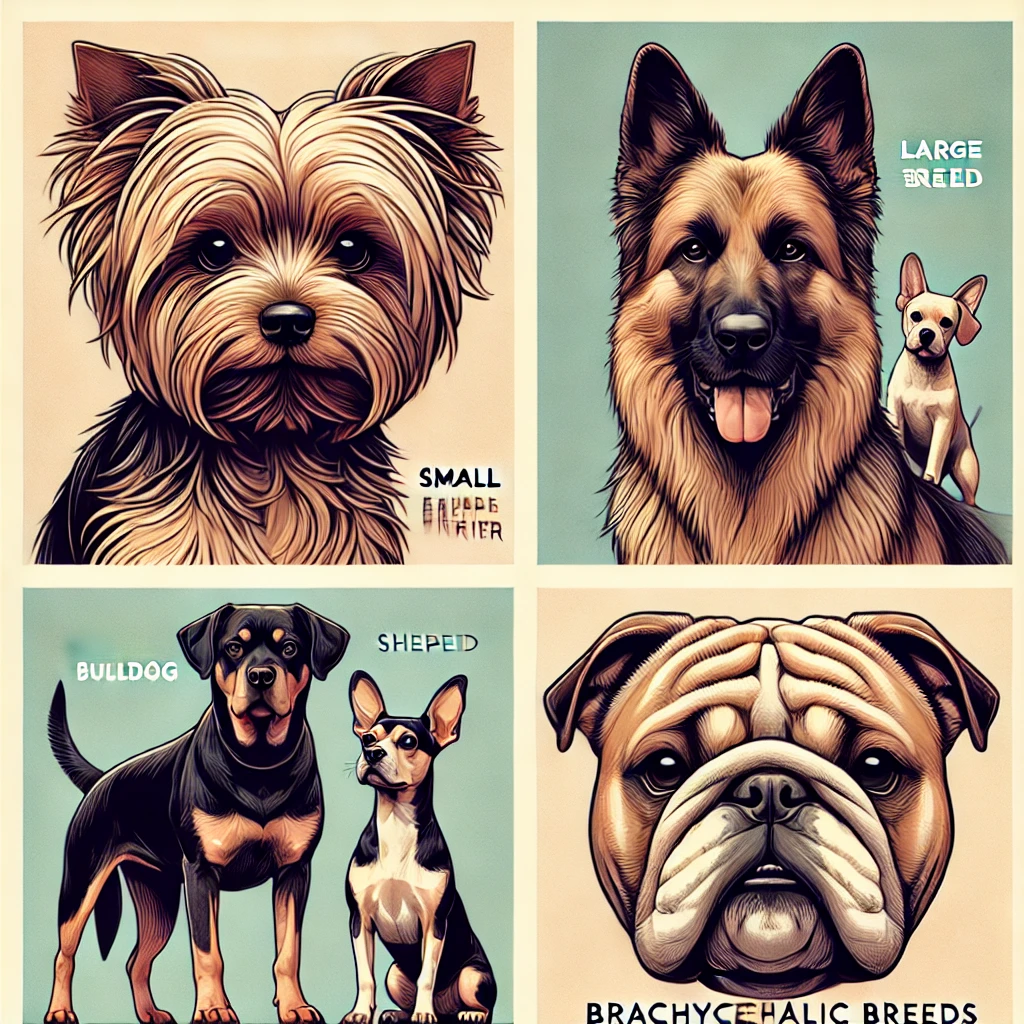 small, large, and brachycephalic breed dogs, highlighting their unique physical characteristics