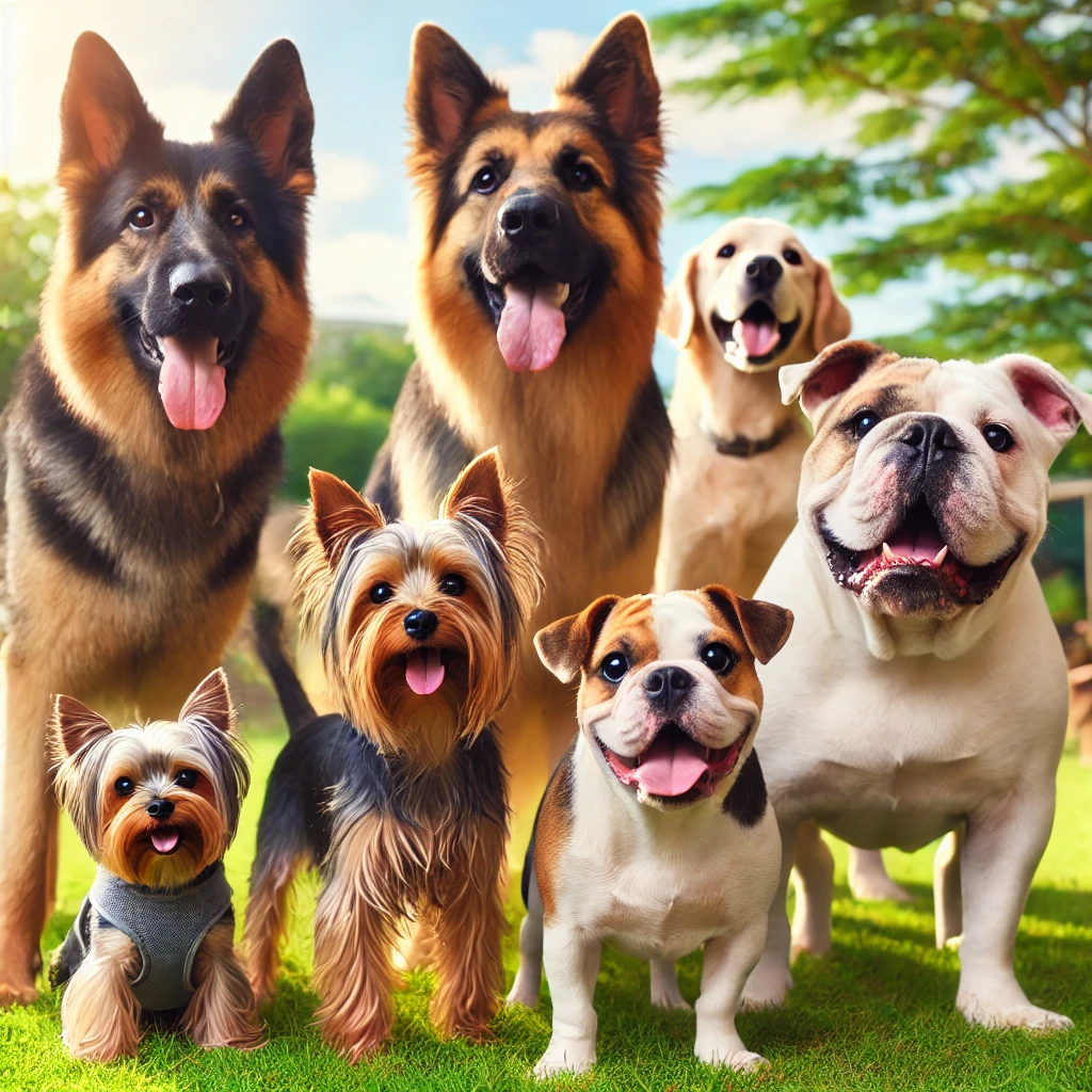 A diverse group of happy, healthy dogs of various breeds and sizes, symbolizing the goal of maintaining good health for all dogs
