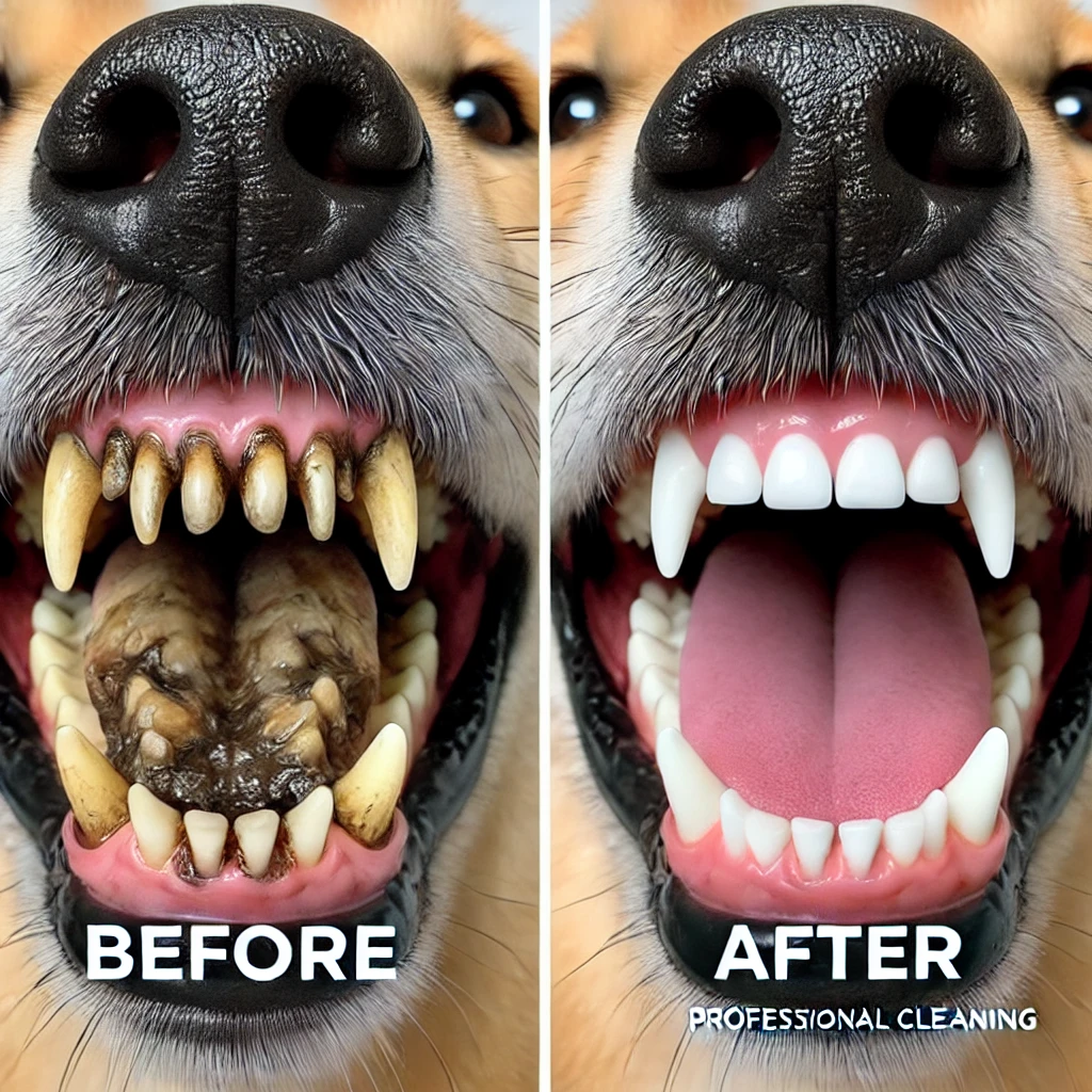 Before and after photos of a dog's teeth, showing the importance of dental care