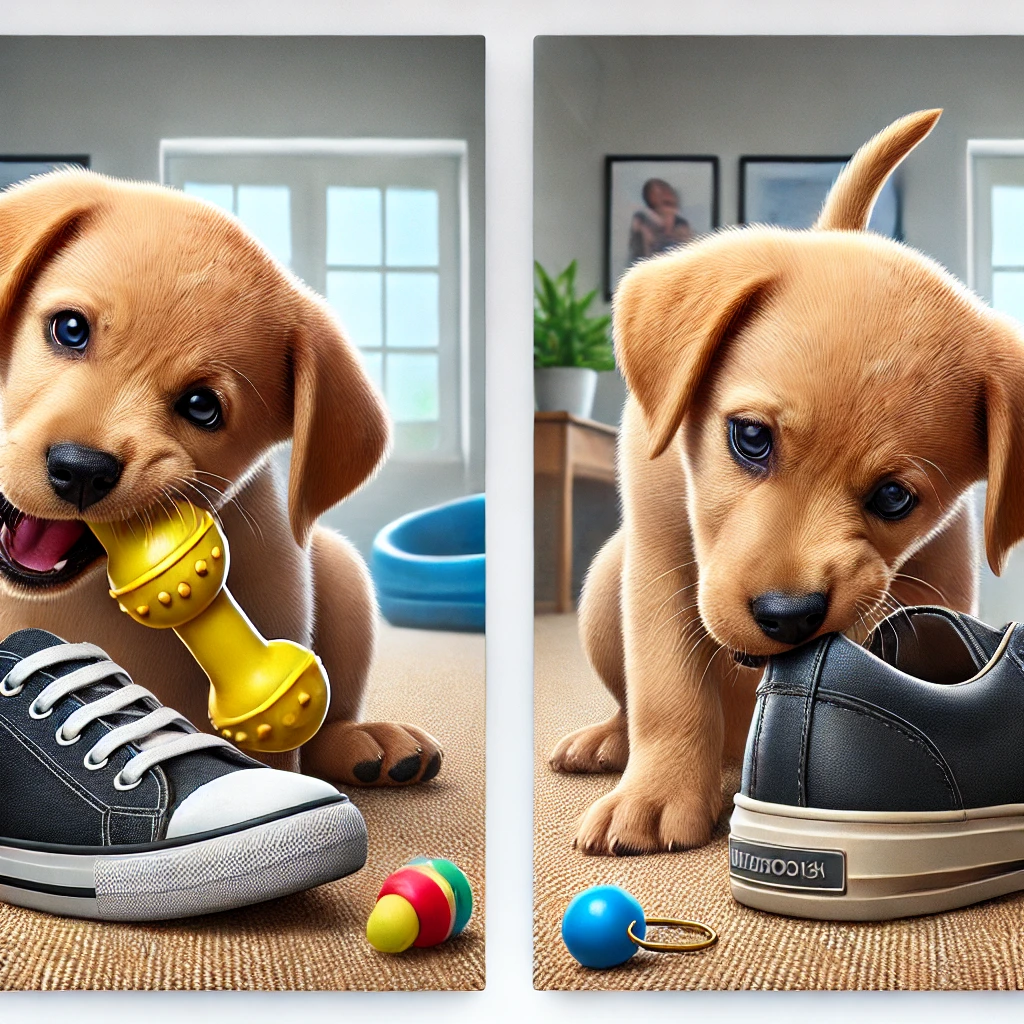  puppy chewing on a toy versus a puppy chewing on a shoe, 