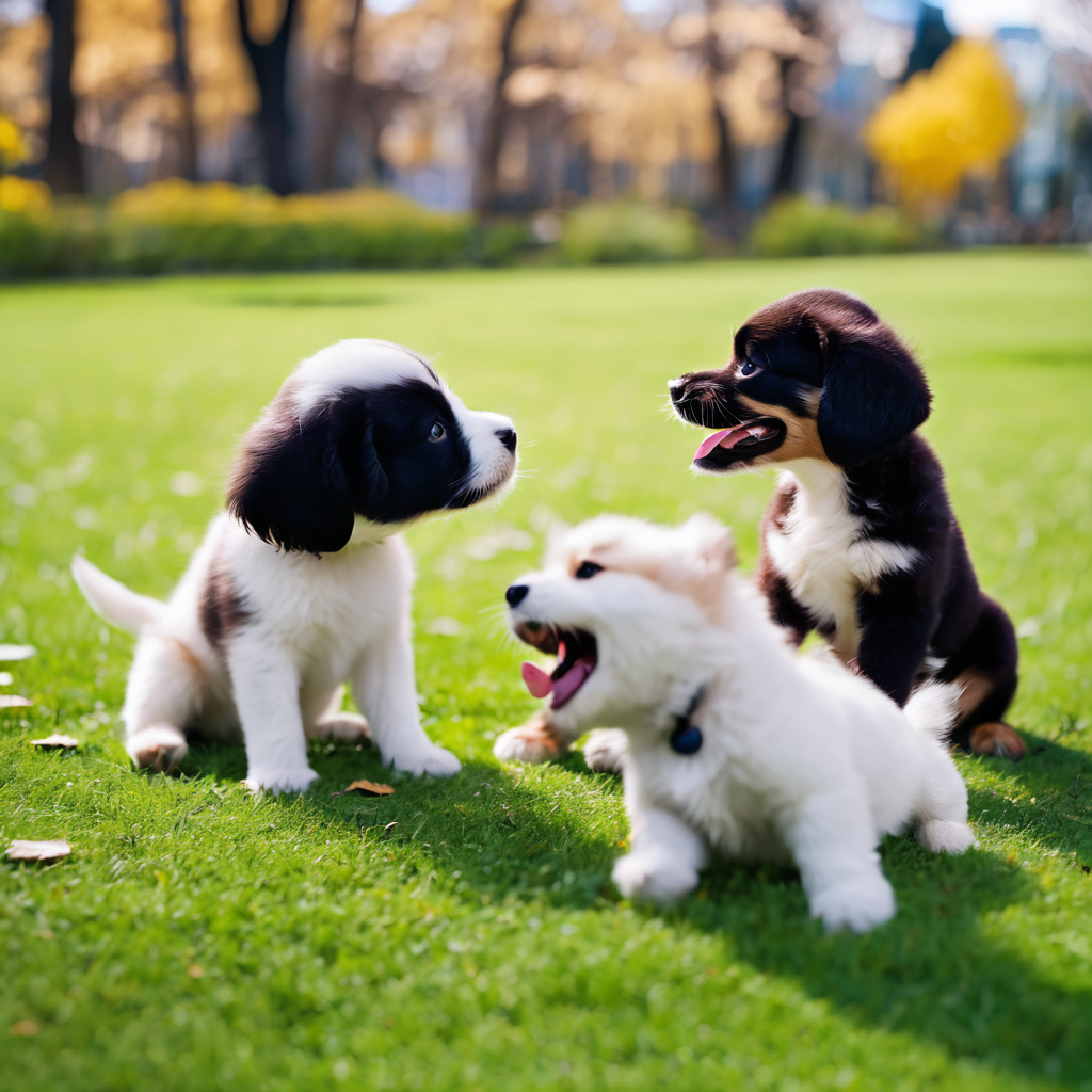 a puppy interacting happily with other puppies in a park