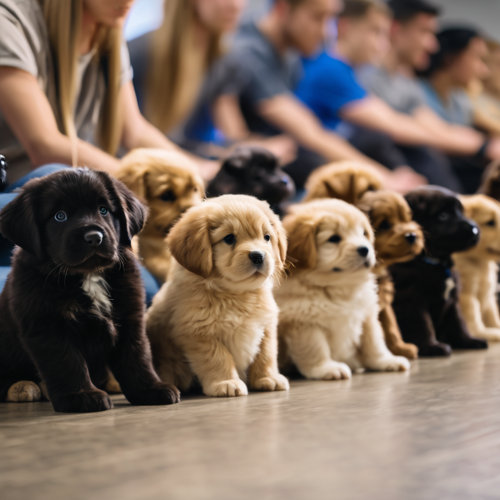 a group of puppies in a training class, sitting and focusing on their trainers.