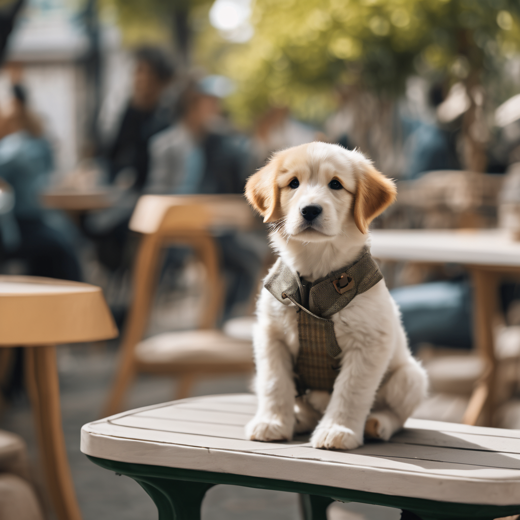 a puppy calmly sitting in a busy outdoor environment, like a park or café.